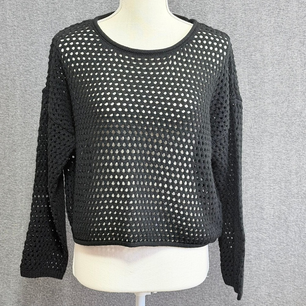 Crochet Sweater Women Sz L‎ Black Open Knit Festival Grungecore Goth Edgy Indie